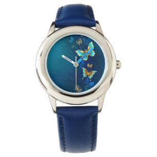Golden Butterflies op een blauwe achtergrond Horloge