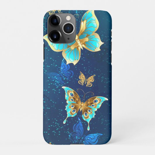 Golden Butterflies op een blauwe achtergrond iPhone Hoesje (Achterkant)