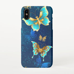 Golden Butterflies op een blauwe achtergrond iPhone Hoesje