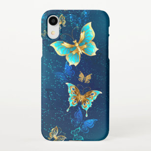 Golden Butterflies op een blauwe achtergrond iPhone Hoesje