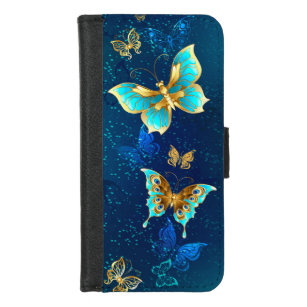 Golden Butterflies op een blauwe achtergrond iPhone 8/7 Portemonnee Hoesje