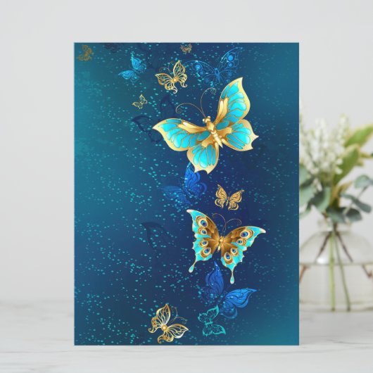 Golden Butterflies op een blauwe achtergrond Kaart (Staand voorkant)