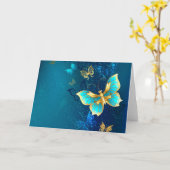 Golden Butterflies op een blauwe achtergrond Kaart (Gele Bloem)