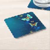 Golden Butterflies op een blauwe achtergrond Kartonnen Onderzetters (Gebogen)