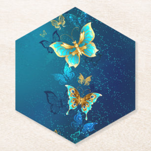 Golden Butterflies op een blauwe achtergrond Kartonnen Onderzetters