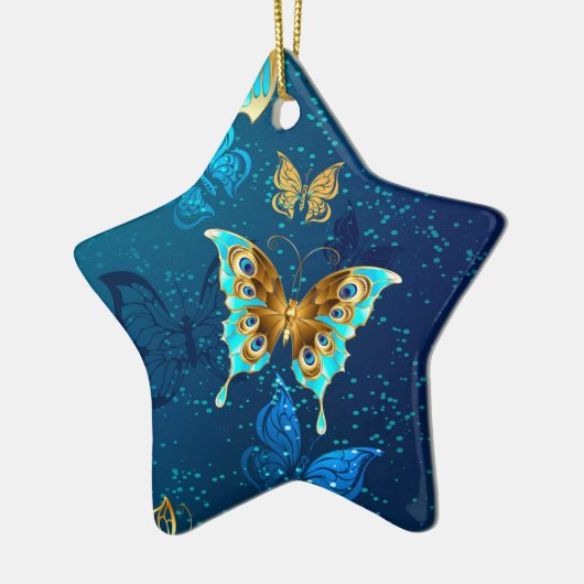 Golden Butterflies op een blauwe achtergrond Keramisch Ornament (Links)