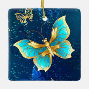 Golden Butterflies op een blauwe achtergrond Keramisch Ornament