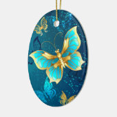Golden Butterflies op een blauwe achtergrond Keramisch Ornament (Links)