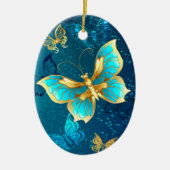 Golden Butterflies op een blauwe achtergrond Keramisch Ornament (Voorkant)