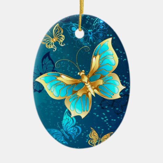 Golden Butterflies op een blauwe achtergrond Keramisch Ornament (Voorkant)