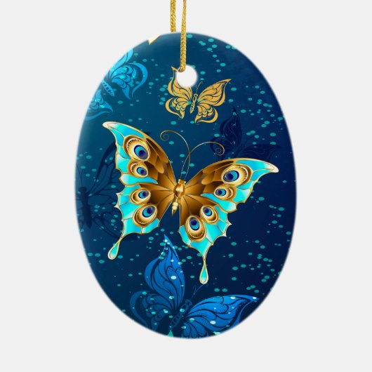 Golden Butterflies op een blauwe achtergrond Keramisch Ornament (Achterkant)