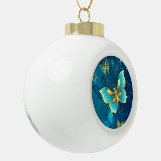 Golden Butterflies op een blauwe achtergrond Keramische Bal Ornament (Links)