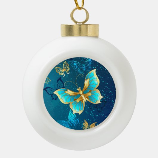 Golden Butterflies op een blauwe achtergrond Keramische Bal Ornament (Voorkant)