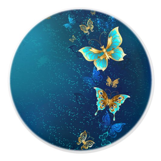 Golden Butterflies op een blauwe achtergrond Keramische Knop (Voorkant)