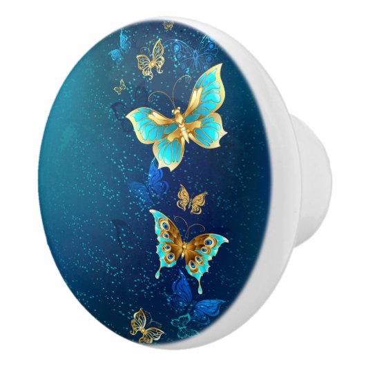 Golden Butterflies op een blauwe achtergrond Keramische Knop (Rechts)