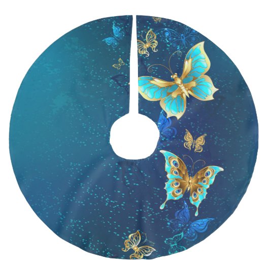 Golden Butterflies op een blauwe achtergrond Kerstboom Rok (Voorkant)