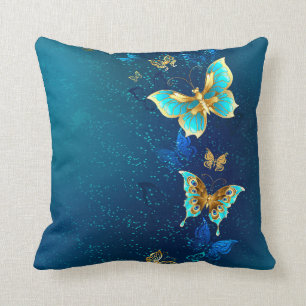 Golden Butterflies op een blauwe achtergrond Kussen