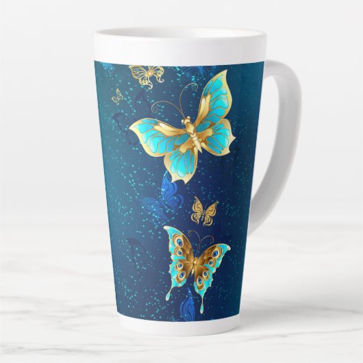 Golden Butterflies op een blauwe achtergrond Latte Mok (Rechterhoek)