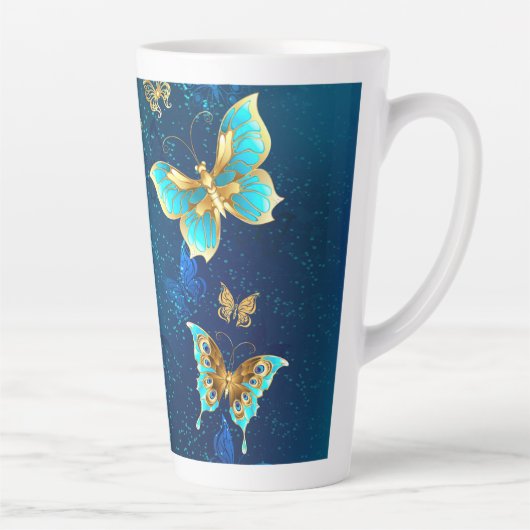 Golden Butterflies op een blauwe achtergrond Latte Mok (Rechts)