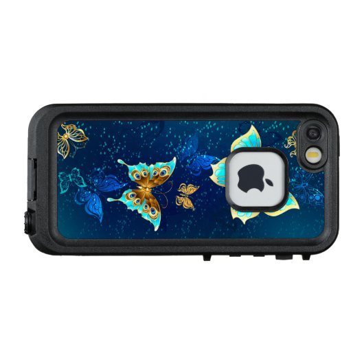 Golden Butterflies op een blauwe achtergrond LifeProof iPhone Hoesje (Achterkant (horizontaal))