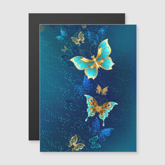 Golden Butterflies op een blauwe achtergrond Magnetische Uitnodiging (Voorkant / Achterkant)