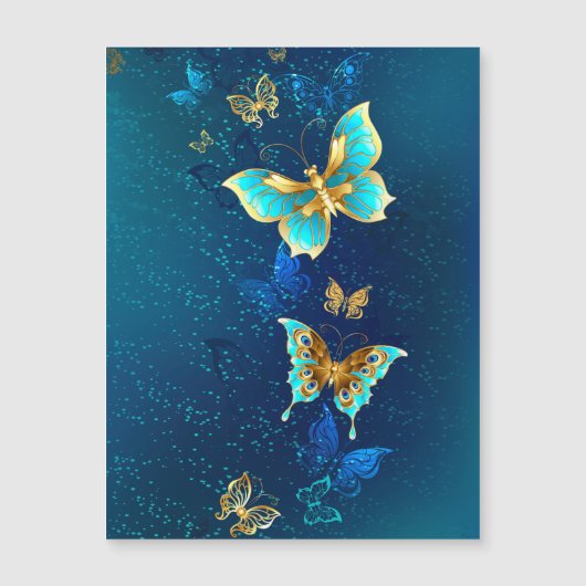 Golden Butterflies op een blauwe achtergrond Magnetische Uitnodiging (Voorkant)