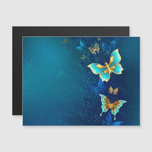 Golden Butterflies op een blauwe achtergrond Magnetische Uitnodiging (Voorkant / Achterkant)