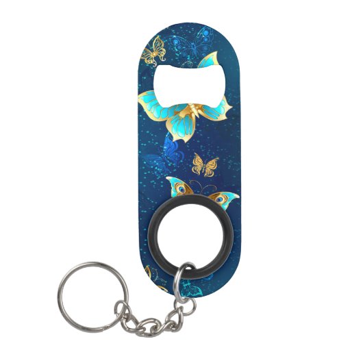 Golden Butterflies op een blauwe achtergrond Mini Flessenopener (Voorkant)
