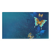 Golden Butterflies op een blauwe achtergrond Naambadge (Voorkant)