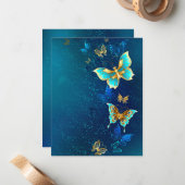 Golden Butterflies op een blauwe achtergrond Notitiekaartje (Voorkant / Achterkant in situ)