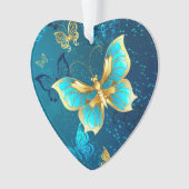 Golden Butterflies op een blauwe achtergrond Ornament (voorkant)