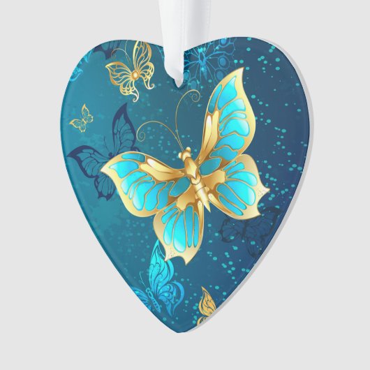 Golden Butterflies op een blauwe achtergrond Ornament (voorkant)