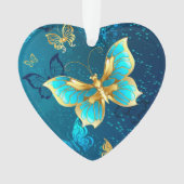 Golden Butterflies op een blauwe achtergrond Ornament (voorkant)