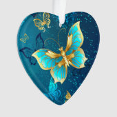 Golden Butterflies op een blauwe achtergrond Ornament (voorkant)