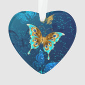 Golden Butterflies op een blauwe achtergrond Ornament (achterkant)