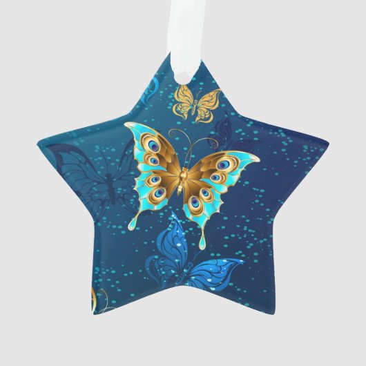 Golden Butterflies op een blauwe achtergrond Ornament (achterkant)