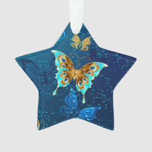 Golden Butterflies op een blauwe achtergrond Ornament