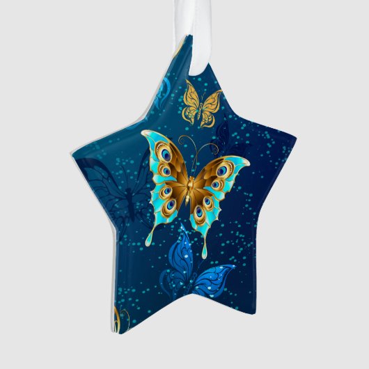 Golden Butterflies op een blauwe achtergrond Ornament (voorkant)