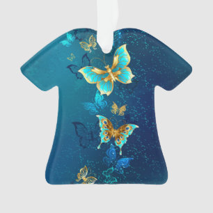 Golden Butterflies op een blauwe achtergrond Ornament