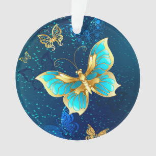 Golden Butterflies op een blauwe achtergrond Ornament