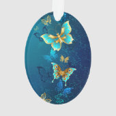 Golden Butterflies op een blauwe achtergrond Ornament (achterkant)
