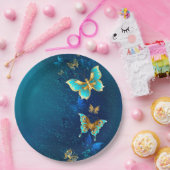 Golden Butterflies op een blauwe achtergrond Papieren Bordje (Feest)