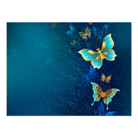 Golden Butterflies op een blauwe achtergrond Perfect Poster (Voorkant)