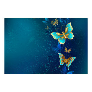 Golden Butterflies op een blauwe achtergrond Perfect Poster