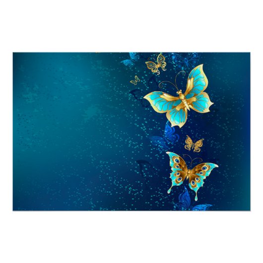 Golden Butterflies op een blauwe achtergrond Perfect Poster (Voorkant)