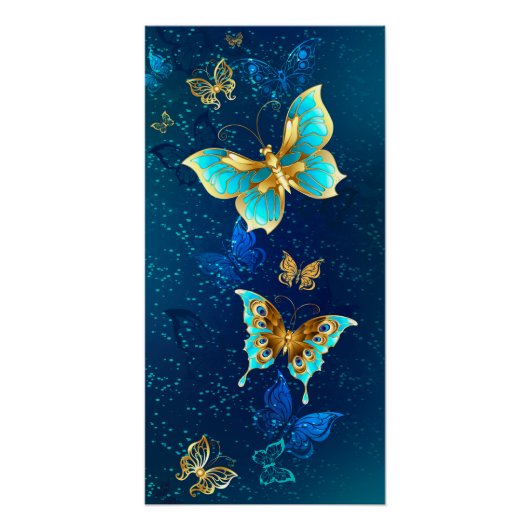 Golden Butterflies op een blauwe achtergrond Perfect Poster (Voorkant)