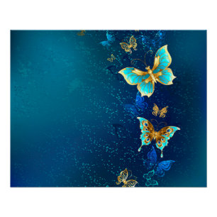 Golden Butterflies op een blauwe achtergrond Perfect Poster