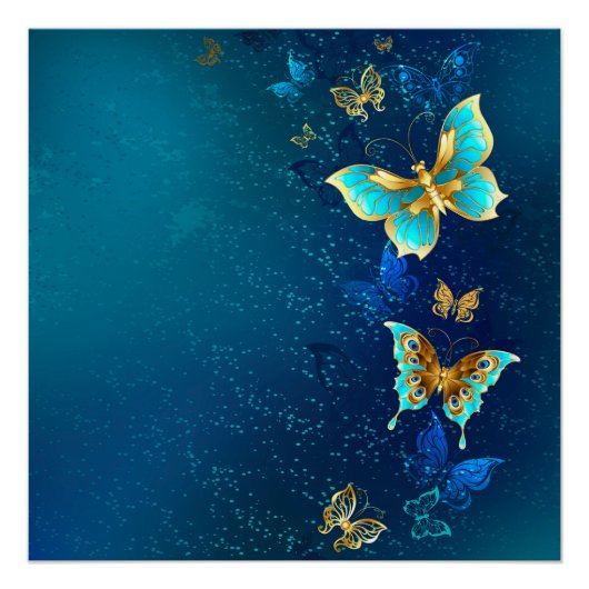 Golden Butterflies op een blauwe achtergrond Perfect Poster (Voorkant)