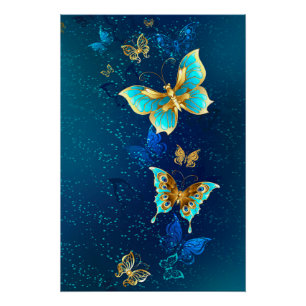 Golden Butterflies op een blauwe achtergrond Perfect Poster