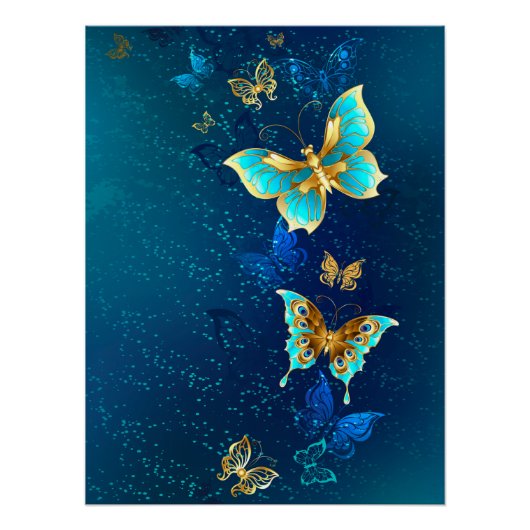 Golden Butterflies op een blauwe achtergrond Perfect Poster (Voorkant)